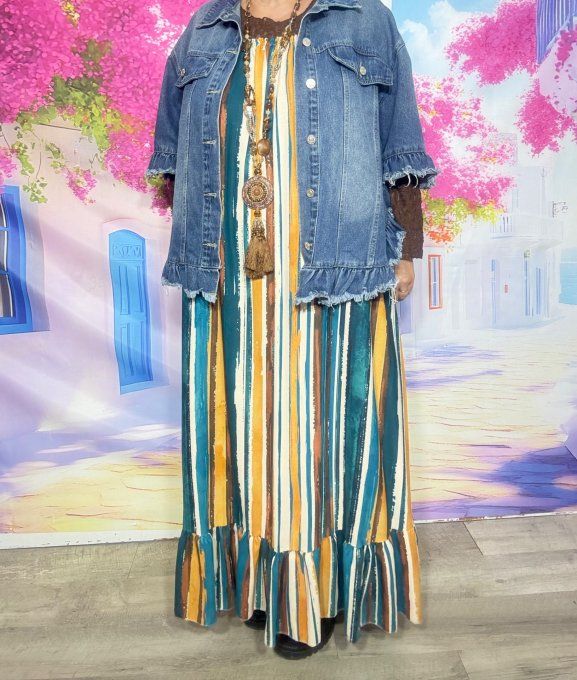 Robe ample longue volantée coton fines bretelles rayée bleu pétrole orangé du 40 au 50/52