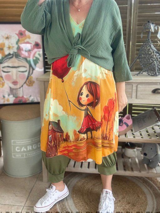 Robe débardeur courte ou tunique longue La Fillette au ballon coeur et son chat du 38 au 48  