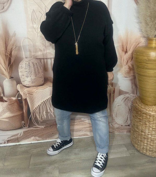 Robe-pull noire ou maxi-pull col montant cheminée douceur ++++ du 40 au 50/52 