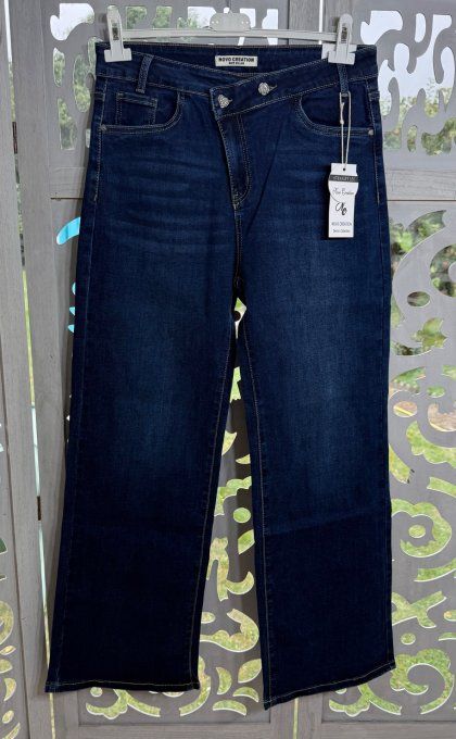 Jeans Wide Legs Brut coupe droite zip asymétrique boutons coeur strass stretch ++ 42 à 46