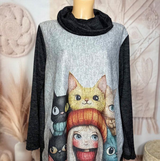 Robe longue trapèze chinée La Fillette aux Chats + tour de cou assorti du 40 au 50 