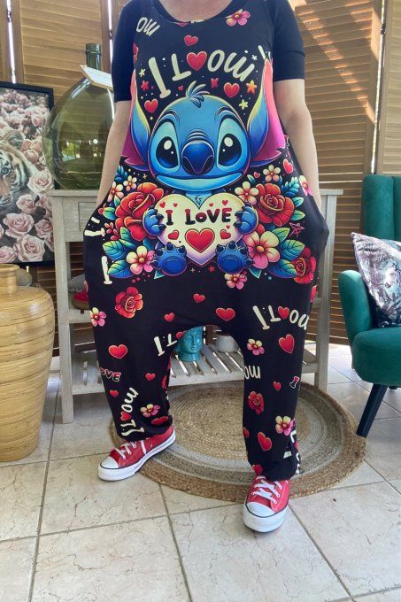 Combinaison salopette noire coeurs multicolores Stitch in Love du 38 au 52 