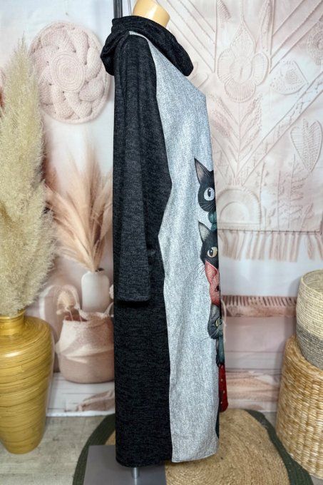 Robe longue trapèze chinée La Fillette aux Chats + tour de cou assorti du 40 au 50 