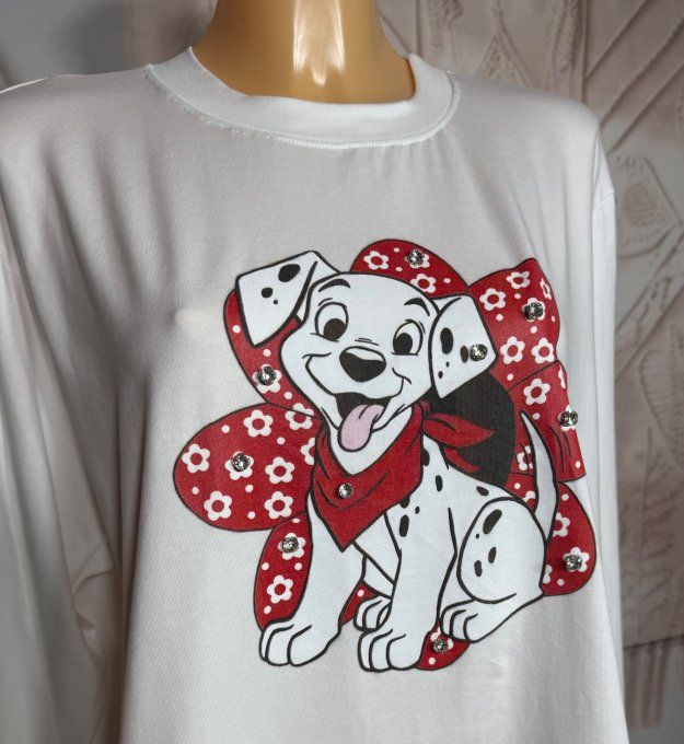 Top blanc ample L'adorable Chien Dalmatien Disney Strass diamants & Dentelle du 38 au 48/50