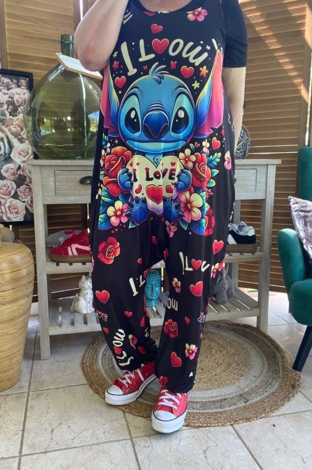 Combinaison salopette noire coeurs multicolores Stitch in Love du 38 au 52 