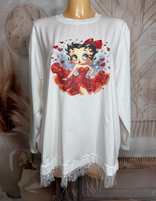 Top blanc ample Betty Boop Pinup Rétro Strass diamants & Dentelle du 38 au 48/50 