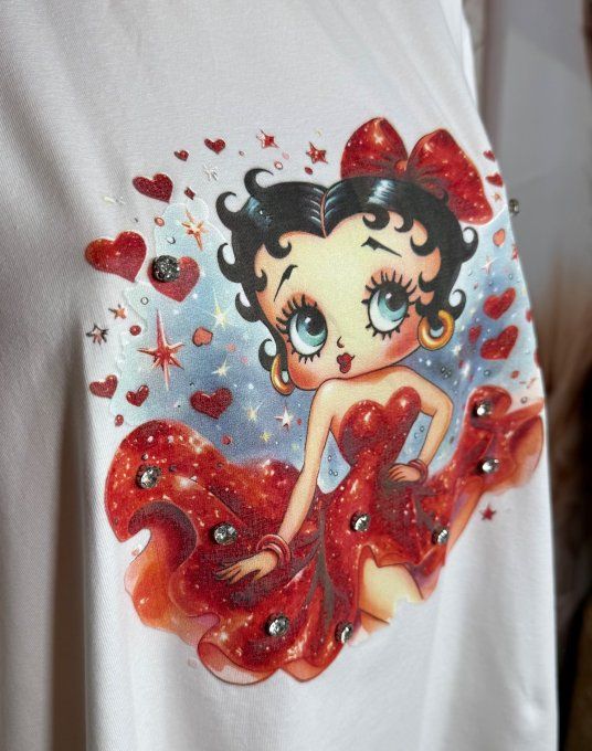 Top blanc ample Betty Boop Pinup Rétro Strass diamants & Dentelle du 38 au 48/50 