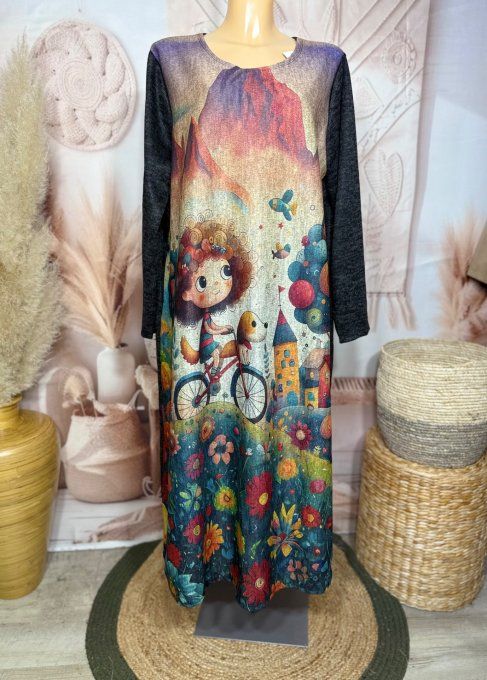 Robe longue trapèze chinée La Fillette et son petit chien + tour de cou assorti du 40 au 50 