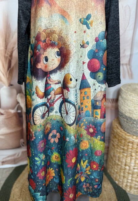 Robe longue trapèze chinée La Fillette et son petit chien + tour de cou assorti du 40 au 50 