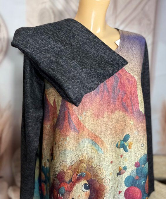 Robe longue trapèze chinée La Fillette et son petit chien + tour de cou assorti du 40 au 50 