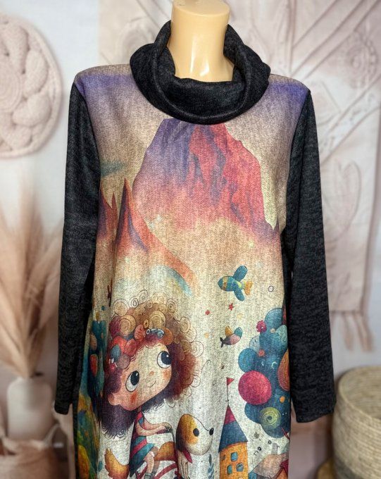 Robe longue trapèze chinée La Fillette et son petit chien + tour de cou assorti du 40 au 50 