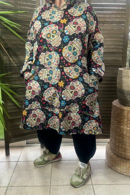 Maxi-sweat polaire à capuche Mexican Skulls Calaveras douceur +++++ du 42 au 58/60
