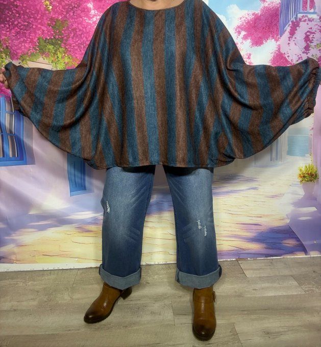 Pull fin oversize manches chauve-souris rayé Bleu Pétrole Chocolat Douceur +++ du 42 au 56/58
