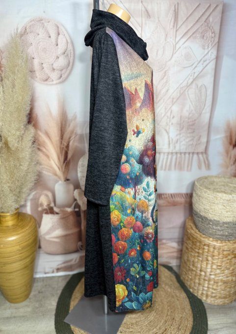 Robe longue trapèze chinée La Fillette et son petit chien + tour de cou assorti du 40 au 50 