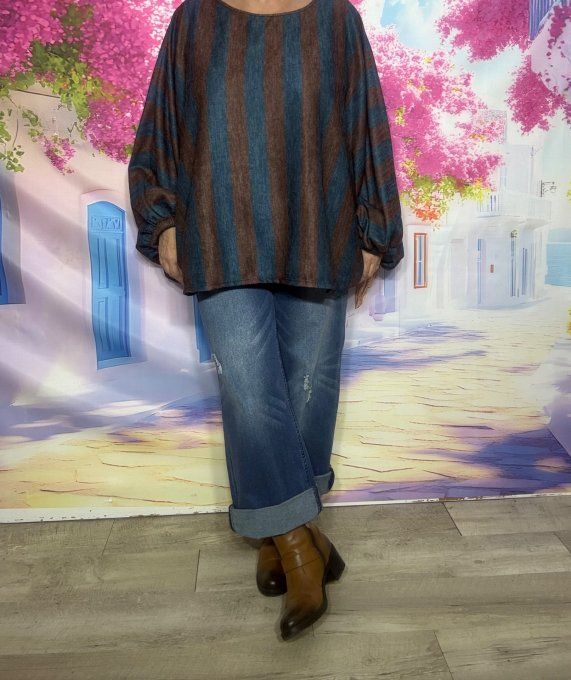 Pull fin oversize manches chauve-souris rayé Bleu Pétrole Chocolat Douceur +++ du 42 au 56/58