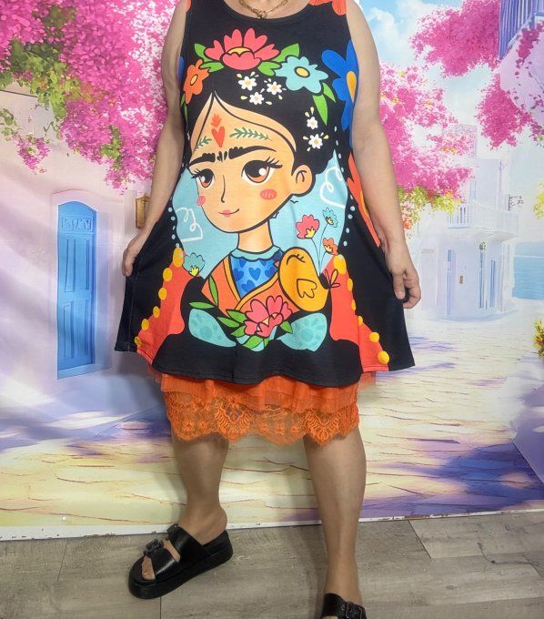Débardeur trapèze long ou robe courte noire Frida Kahlo aux Fleurs multicolores du 36 au 48/50