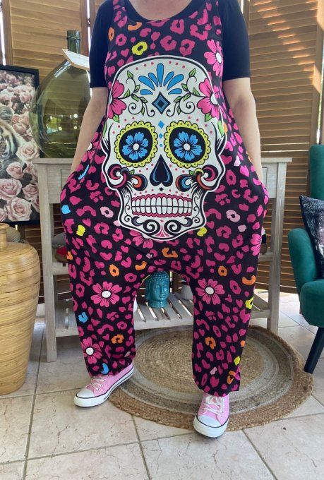 Combinaison salopette noire violet Mexican Skulls Calavera du 38 au 52  