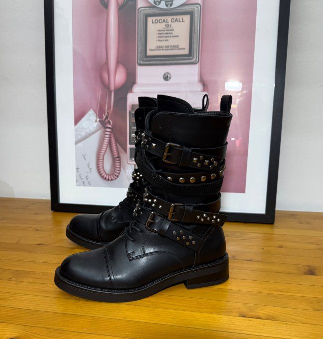 Bottines simili-cuir noir Esprit Rock Lanières Strass du 38 au 40