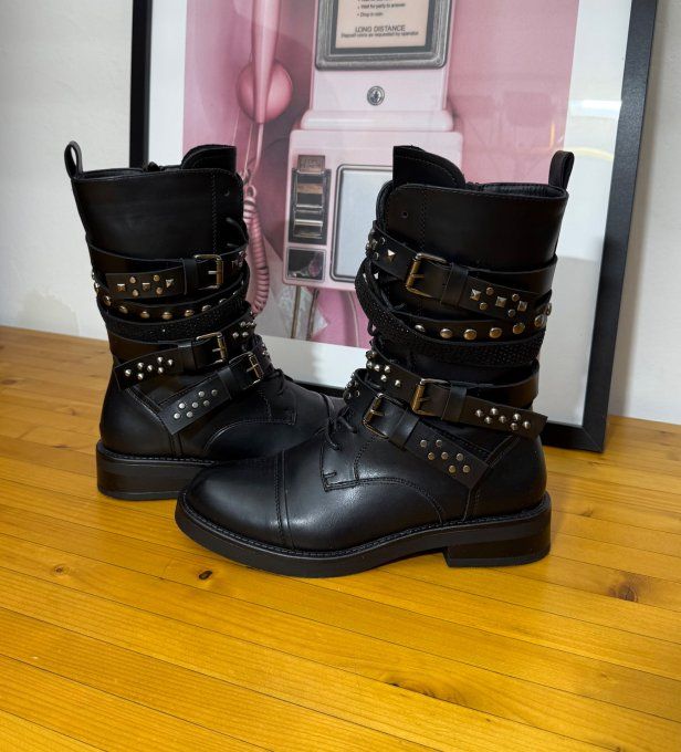 Bottines simili-cuir noir Esprit Rock Lanières Strass du 38 au 40
