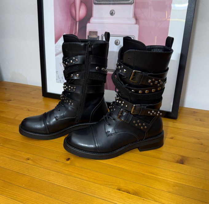 Bottines simili-cuir noir Esprit Rock Lanières Strass du 38 au 40