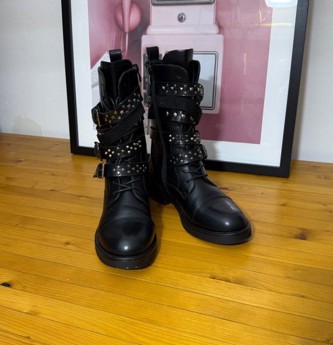Bottines simili-cuir noir Esprit Rock Lanières Strass du 38 au 40