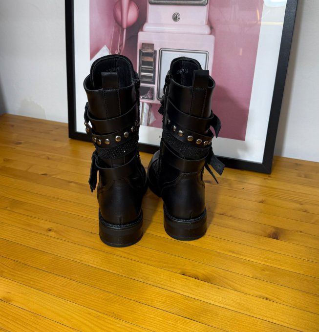 Bottines simili-cuir noir Esprit Rock Lanières Strass du 38 au 40