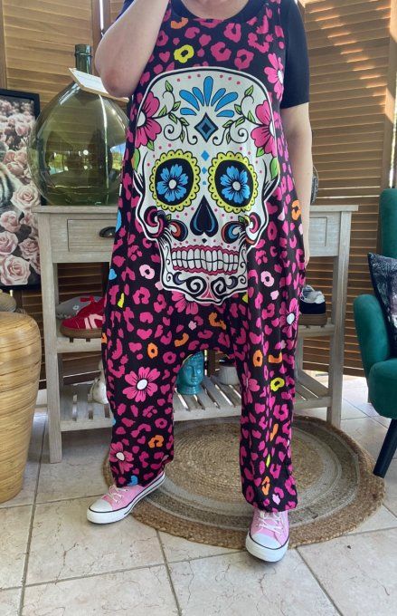 Combinaison salopette noire violet Mexican Skulls Calavera du 38 au 52  