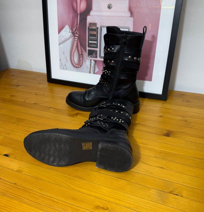 Bottines simili-cuir noir Esprit Rock Lanières Strass du 38 au 40