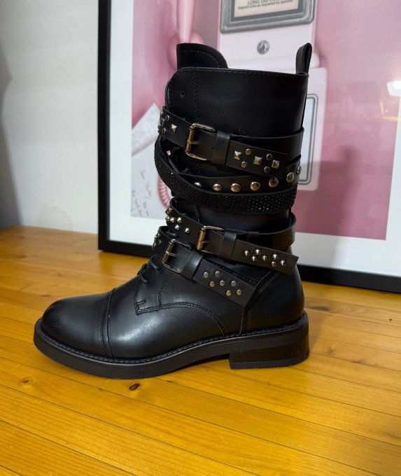 Bottines simili-cuir noir Esprit Rock Lanières Strass du 38 au 40