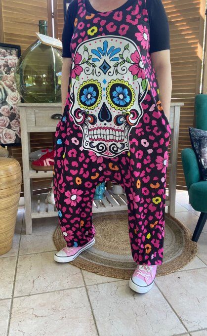 Combinaison salopette noire violet Mexican Skulls Calavera du 38 au 52  