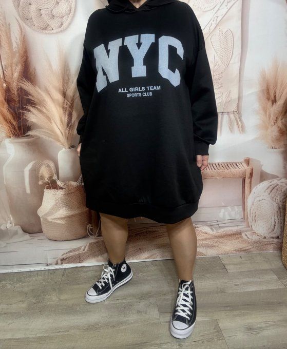Maxi-sweat à capuche noir ou Robe-sweat sportswear confort +++ du 40 au 52 