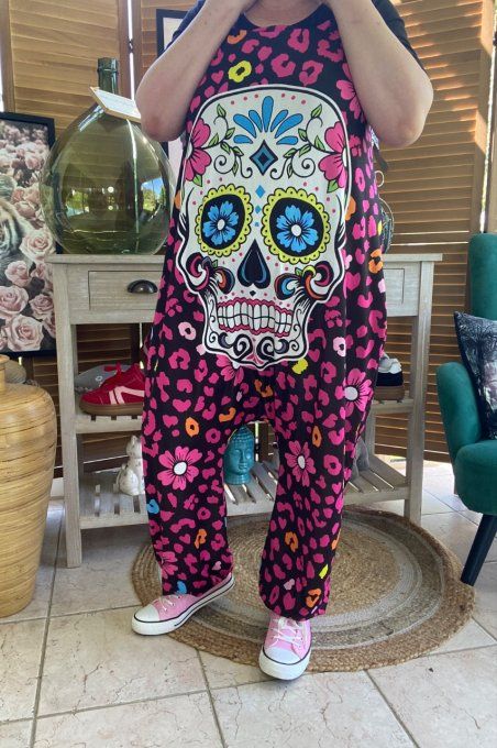 Combinaison salopette noire violet Mexican Skulls Calavera du 38 au 52  