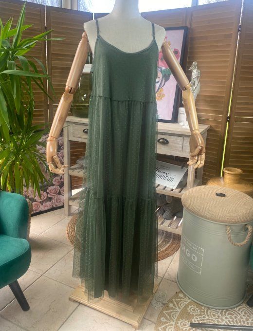 Fond de robe long tulle Kaki et plumetis  bretelles réglables du 38 au 46/48 