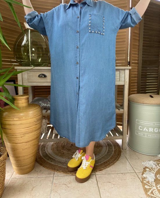 Robe chemise longue ample jeans fin Tencel strass du 40 au 48/50