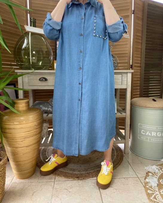 Robe chemise longue ample jeans fin Tencel strass du 40 au 48/50