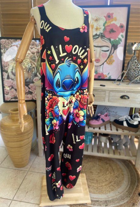 Combinaison salopette noire coeurs multicolores Stitch in Love du 38 au 52 