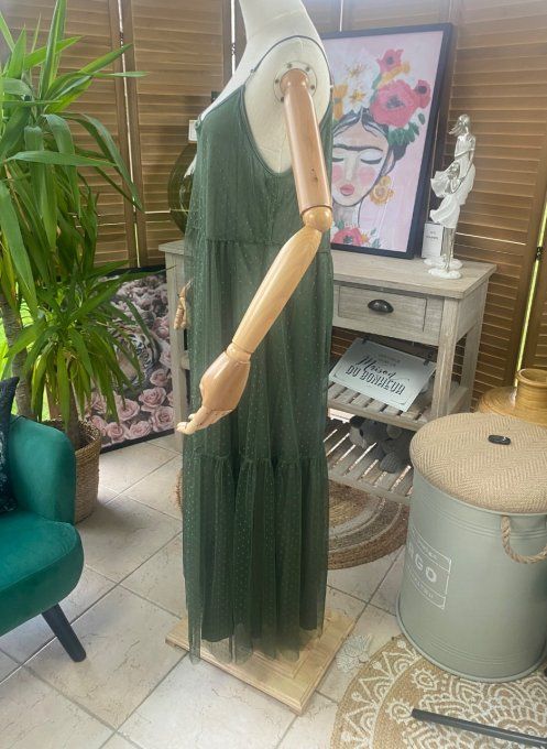 Fond de robe long tulle Kaki et plumetis  bretelles réglables du 38 au 46/48 
