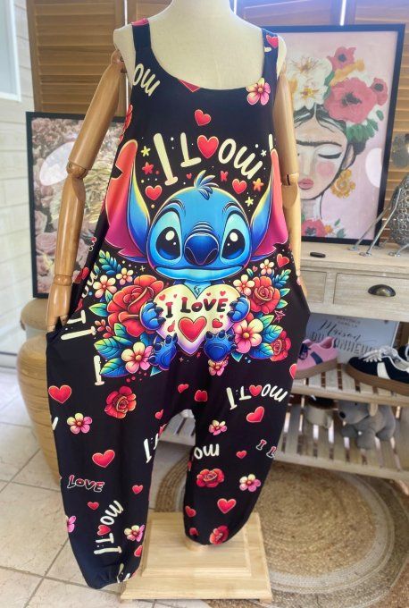 Combinaison salopette noire coeurs multicolores Stitch in Love du 38 au 52 