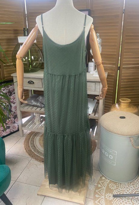 Fond de robe long tulle Kaki et plumetis  bretelles réglables du 38 au 46/48 