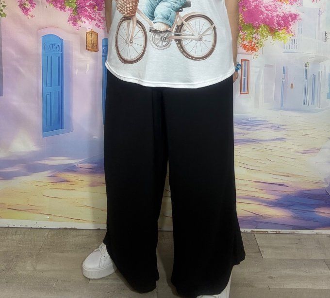 Pantalon palazzo fluide noir cuisses larges taille élastiquée Les Basiques du Dressing du 42 au 54