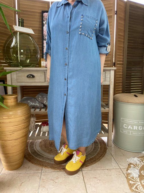 Robe chemise longue ample jeans fin Tencel strass du 40 au 48/50