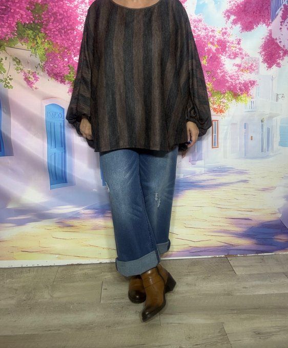 Pull fin oversize manches chauve-souris rayé Noir Chocolat Douceur +++ du 42 au 56/58