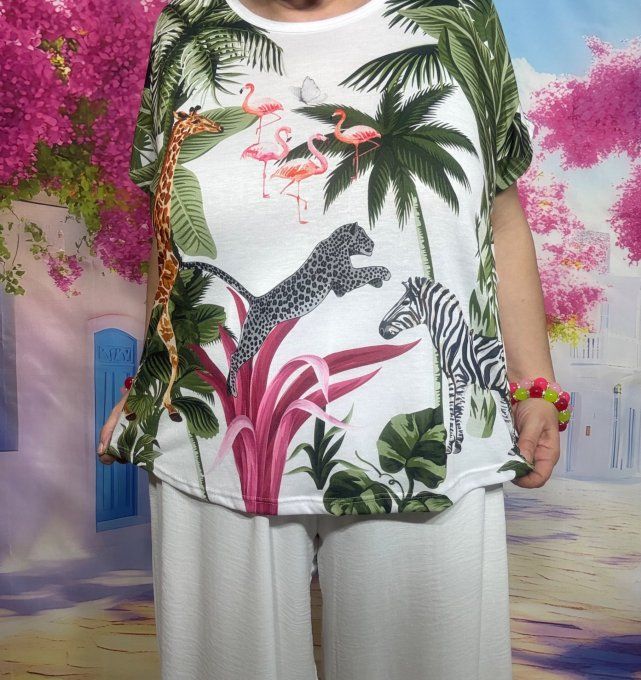 Tee-shirt ample blanc Esprit Jungle Girafe Flamants roses... du 38 au 50/52