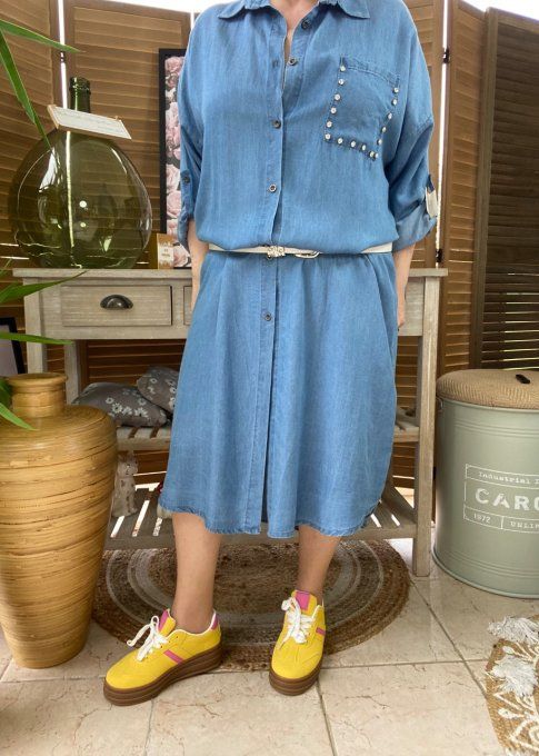 Robe chemise longue ample jeans fin Tencel strass du 40 au 48/50