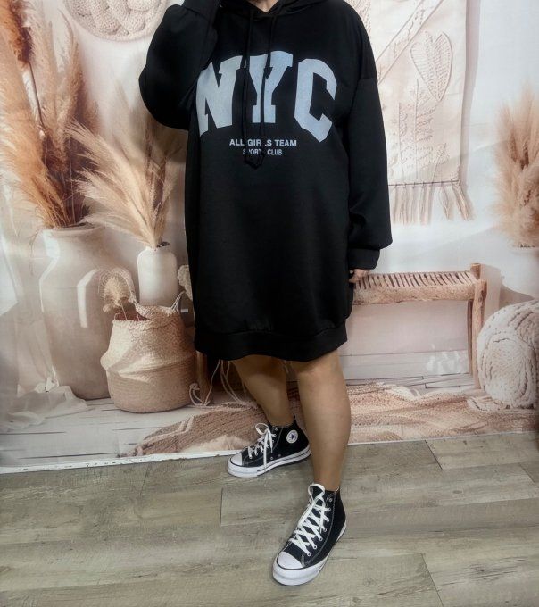 Maxi-sweat à capuche noir ou Robe-sweat sportswear confort +++ du 40 au 52 