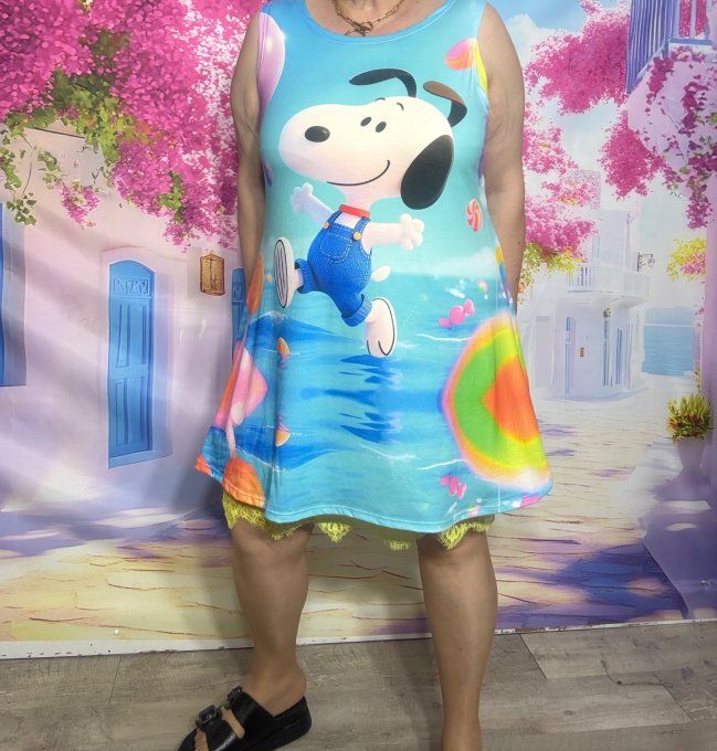 Débardeur trapèze long ou robe courte  multicolore Happy Snoopy du 36  au 48/50 