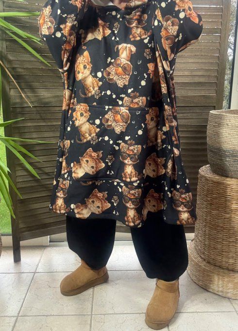 Maxi-sweat polaire à capuche noir Mes Petits Chats Caramel douceur +++++ du 42 au 58/60