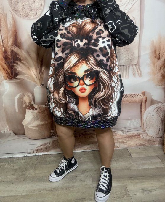 Sweat à capuche long noir The Fashion Leopard Pretty Girl paillettes argentées du 40 au 50/52 