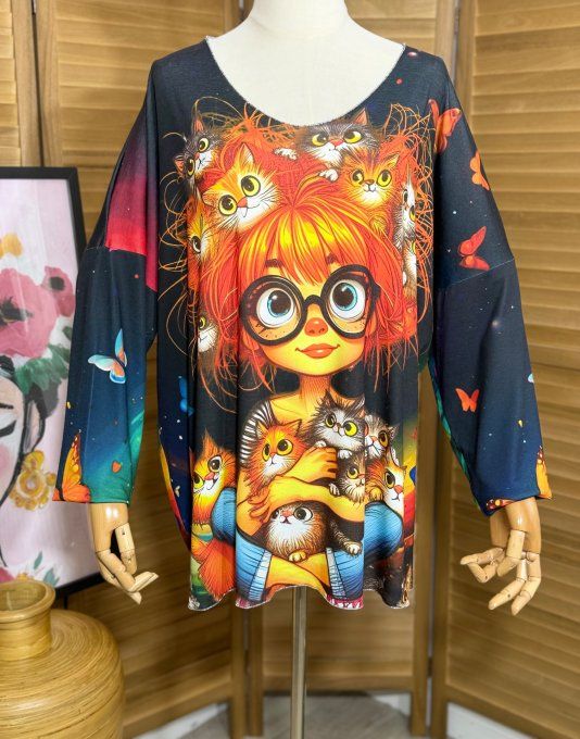 Top manches longues multicolore La Fillette et ses chats du 40 au 52  