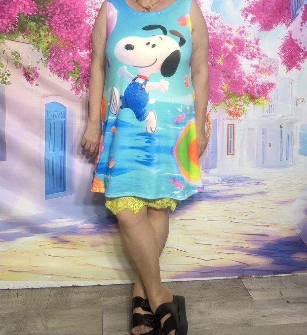 Débardeur trapèze long ou robe courte  multicolore Happy Snoopy du 36  au 48/50 